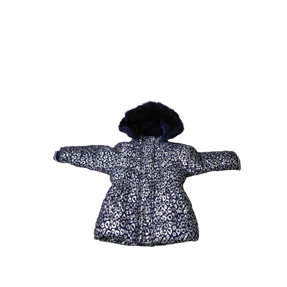 Members Mark Toddler Puffer Jacket 3T Navy Leopard Print Faux Fur Hood Winter - Picture 9 of 9